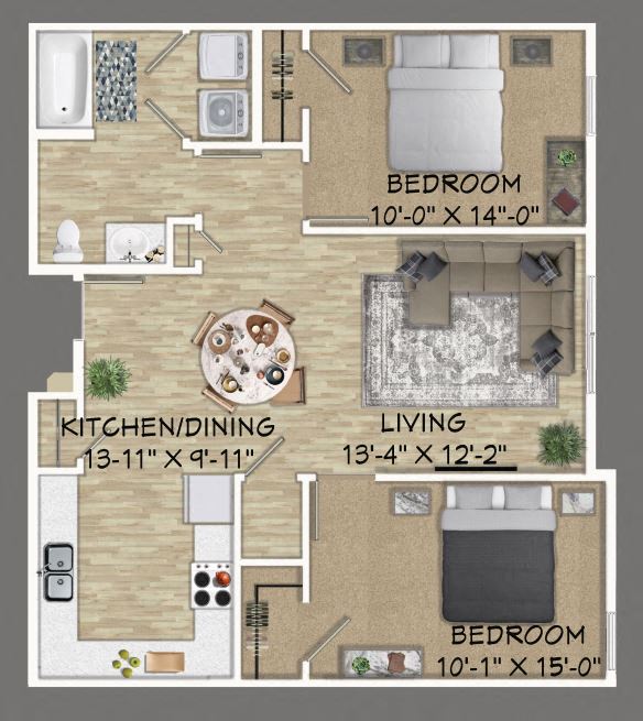 Floor plan for 2 beds, 1 bath, 904 sqft